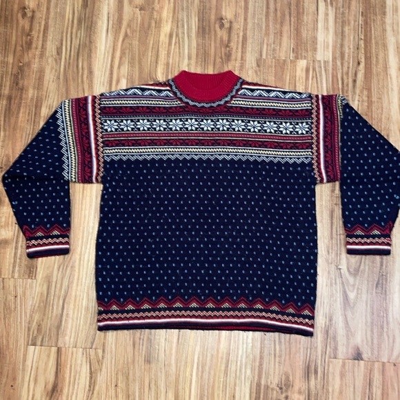 Lands end women’s sweater medium 10 12 wool ski warm vintage blue snowflake dot - Picture 1 of 6
